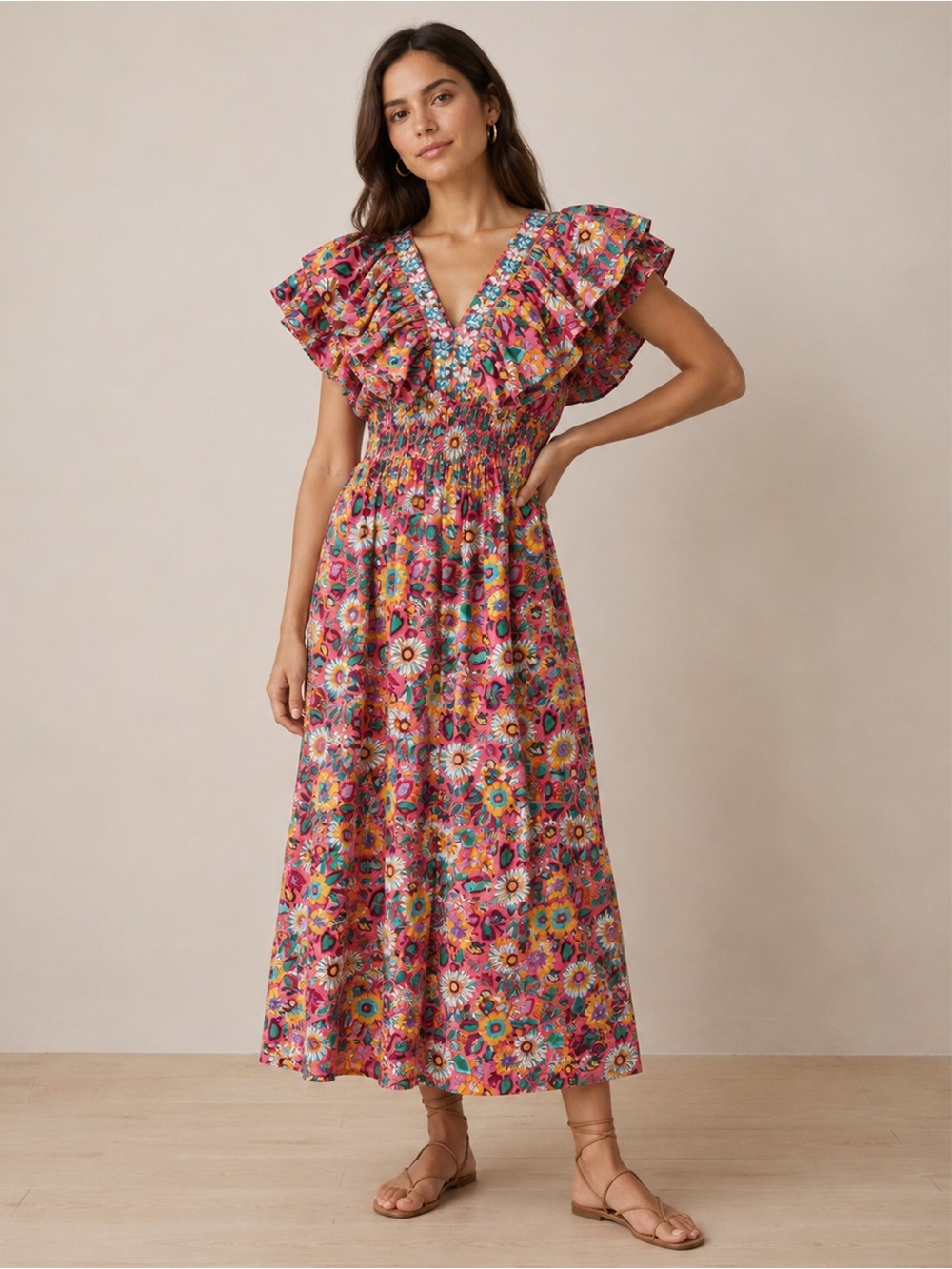 Margarita Mercantile - Handmade Floral Ruffle Sleeve Midi Dress